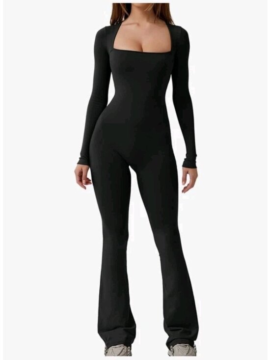 Qinsen Pants - QINSEN Jumpsuit Women XL Square Neck Wide Leg Full Length Romper Playsuit Black
